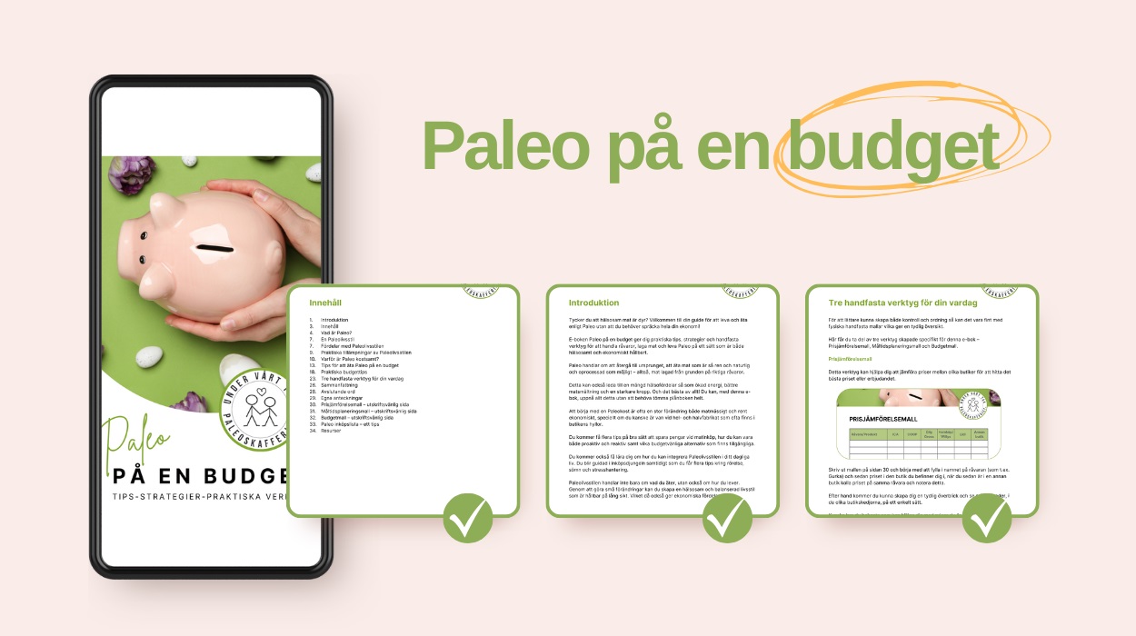 Bild på en mobil med PDFen Paleo på en budget tillsammans med tre exempelbilder
