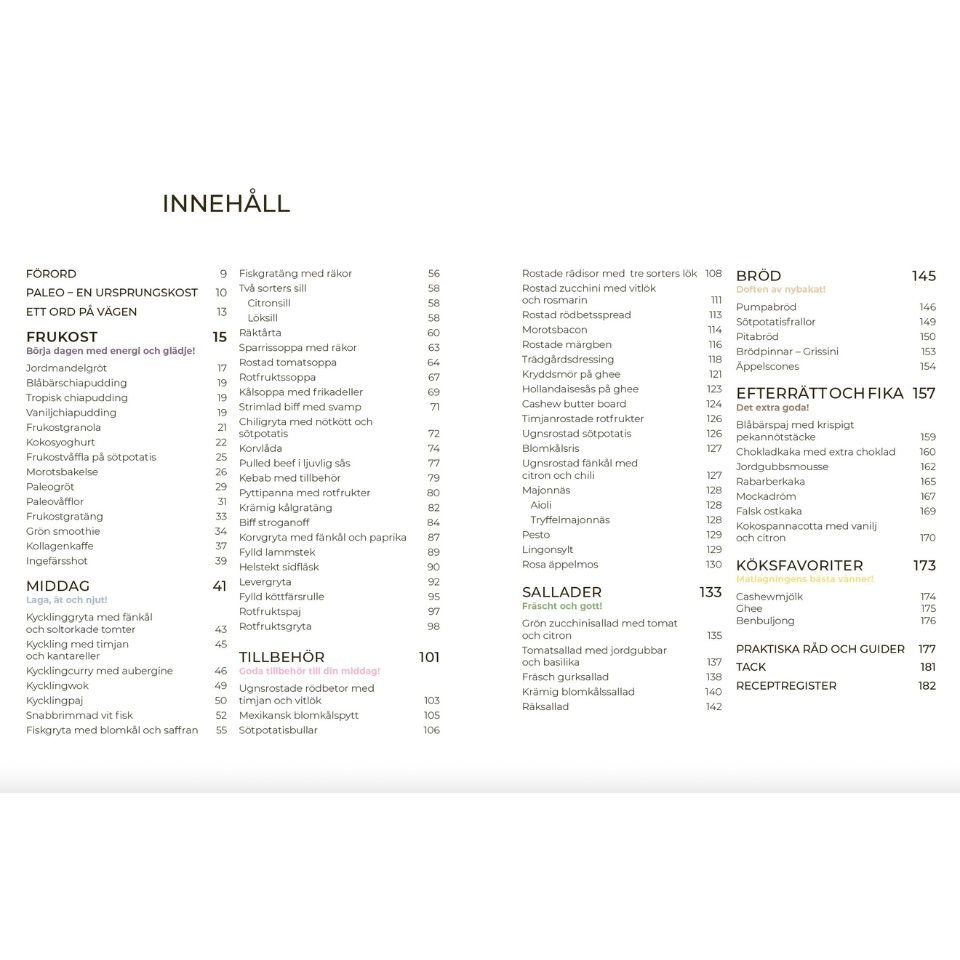 Kokboken Laga Mer Ren och Naturlig Mat innehållsförteckning